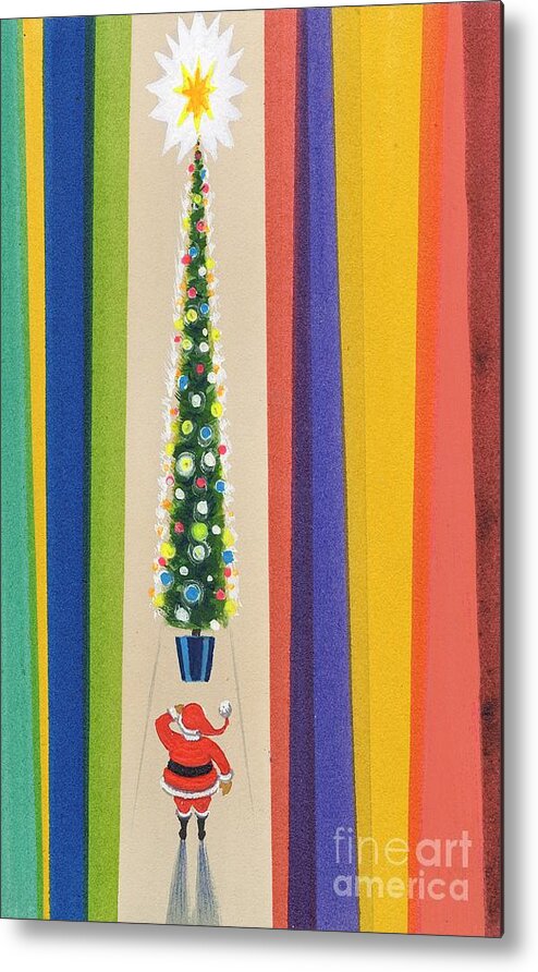 Father Christmas; Santa Claus; Decorations; Decorated; Tall; Star; Baubles; Colourful; Stripes; Seasonal; Naive Metal Print featuring the painting Santa's Christmas Tree by Stanley Cooke