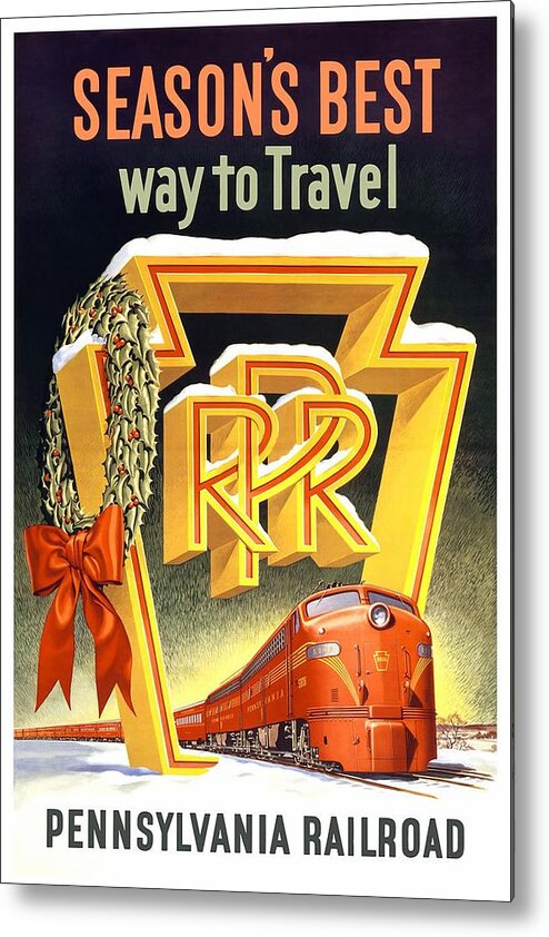 Pennsylvania Metal Print featuring the mixed media Season's Best Way To Travel, Pennsylvania Railroad - Retro travel Poster - Vintage Poster by Studio Grafiikka