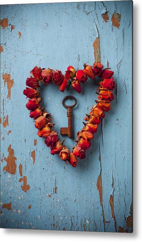 Love Rose Heart Wreath Metal Print featuring the photograph Small rose heart wreath with key by Garry Gay