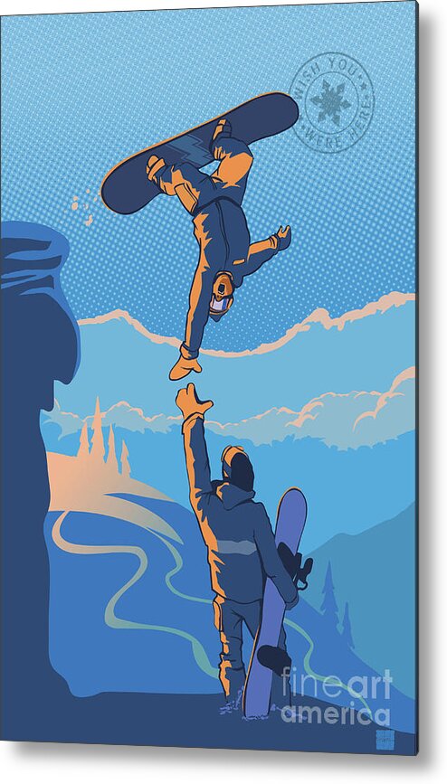 Snowboarding Metal Print featuring the painting Snowboard High Five by Sassan Filsoof