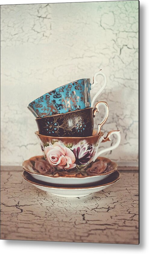 Vintage Teacups Metal Print featuring the photograph Stacked Teacups III by Colleen Kammerer