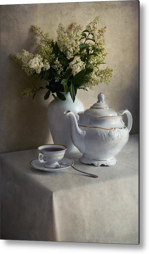 Still Life Metal Print featuring the photograph Still life with white tea set and bouquet of white flowers by Jaroslaw Blaminsky