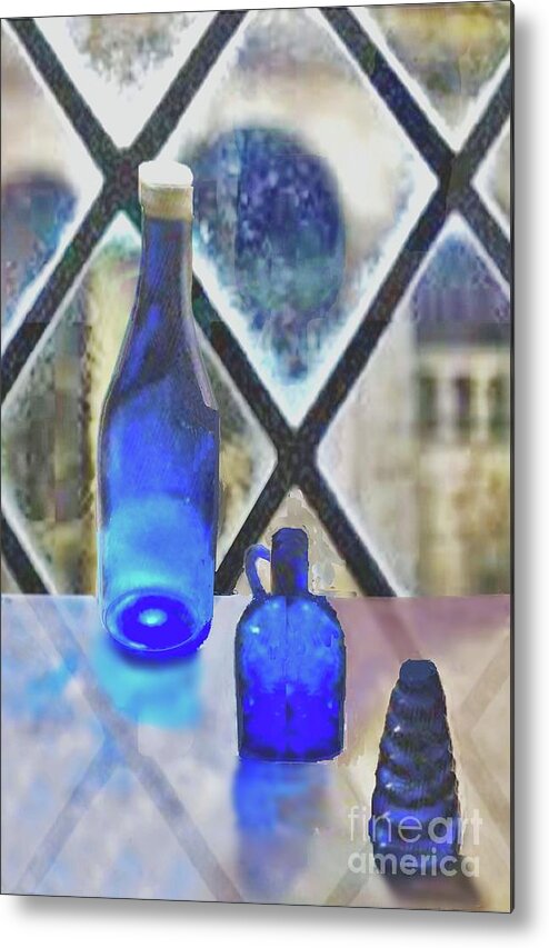 Blue Metal Print featuring the digital art Study of Light on Cobalt Bottles by Janette Boyd