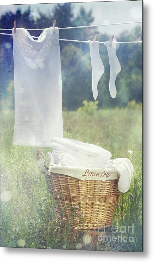 Airing Metal Print featuring the photograph Summer laundry drying on clothesline by Sandra Cunningham