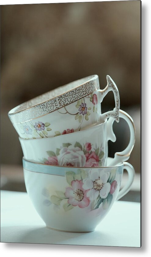 Vintage Teacups Metal Print featuring the photograph Tea for Three by Bonnie Bruno