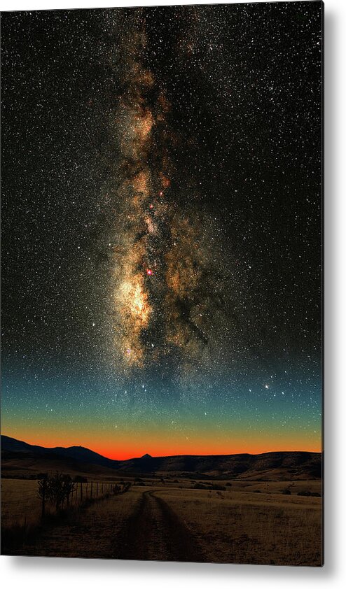Astronomy Astronomical Starry Night Sky Space Outer Space Outerspace Composite Composited Cosmos Cosmic Texas Evening Desert Deserted Empty Road Celestial Star Metal Print featuring the photograph Texas Milky Way by Larry Landolfi