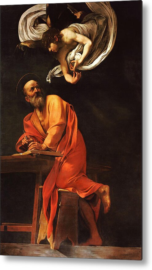 Caravaggio Metal Print featuring the painting The Inspiration of Saint Matthew by Caravaggio