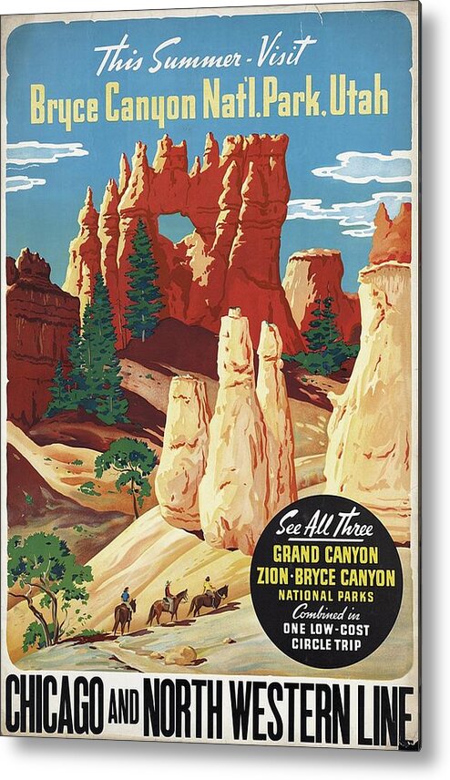 Bryce Canyon Metal Print featuring the mixed media This Summer - Visit Bryce Canyon National Par, Utah, USA - Retro travel Poster - Vintage Poster by Studio Grafiikka