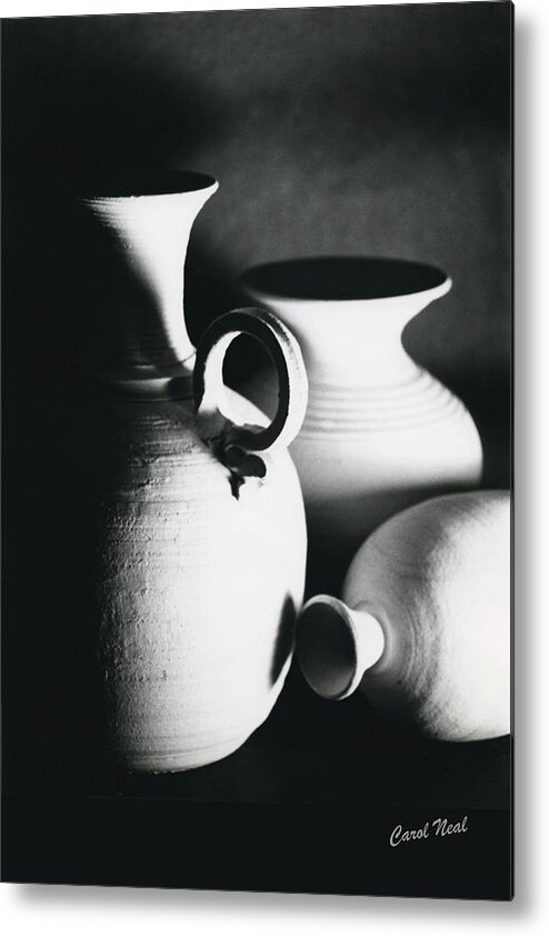 Black & White Metal Print featuring the painting Three Clay Jars 1 by Carol Neal-Chicago