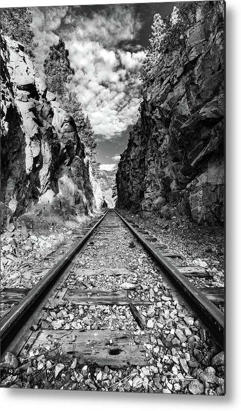 America Metal Print featuring the photograph Through the Cut - Durango Silverton Narrow Gauge Railroad Tracks - Colorado Monochrome by Gregory Ballos