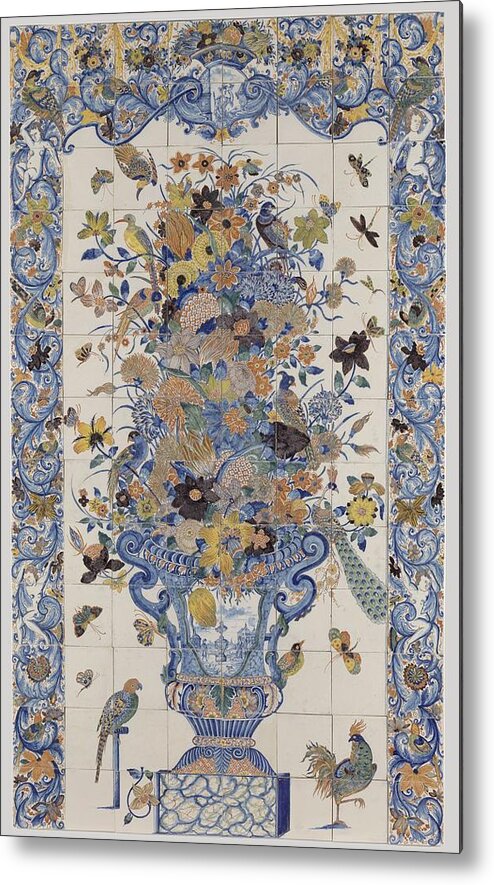 Tile Panel With A Vase Of Flowers Metal Print featuring the painting Tile panel with a vase of flowers, anonymous, c. 1690 - c. 1750 by Celestial Images