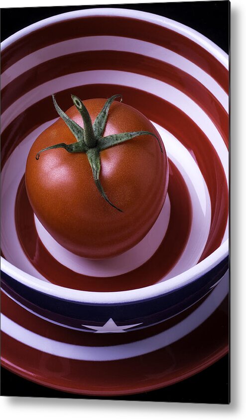 Tomato Metal Print featuring the photograph Tomato In Red And White Bowl by Garry Gay