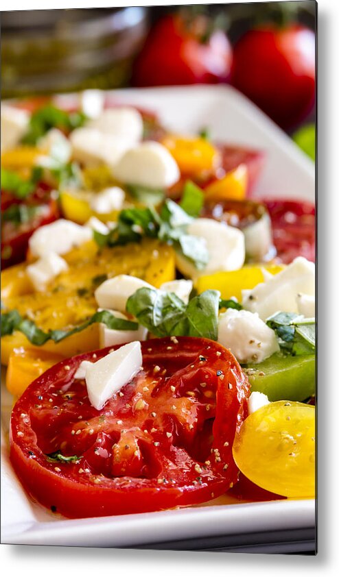 Autumn Metal Print featuring the photograph Tomatoes, Basil and Cheese by Teri Virbickis