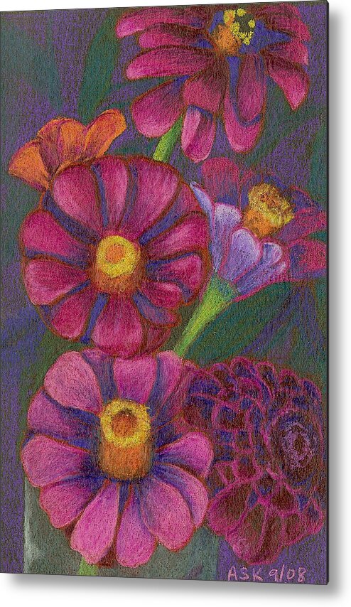 Flowers Metal Print featuring the drawing Top Hat Zinnias by Anne Katzeff