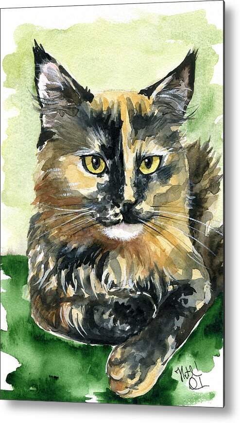 Cat Metal Print featuring the painting Tortoiseshell Maine Coon Portrait by Dora Hathazi Mendes