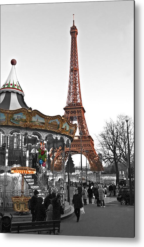 Tour Metal Print featuring the photograph Tour Eiffel and carrousel color and black and white by pedro cardona by Pedro Cardona Llambias