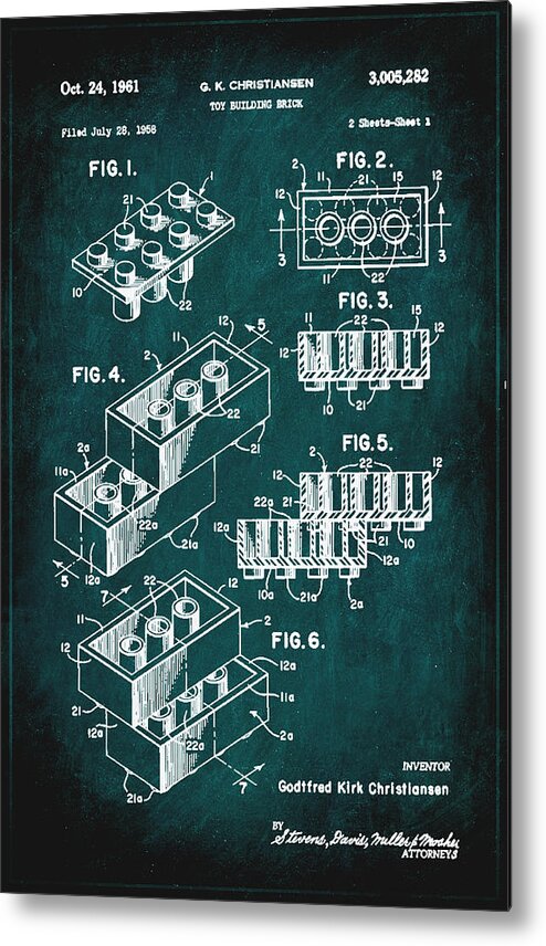 Patent Metal Print featuring the mixed media Toy Building Brick Patent Drawing 1c by Brian Reaves