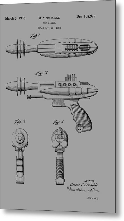 Vintage; Artwork; Of; A; Toy; Pistol; Patent; From; 1952; Future; Game; Play; Child; Invention; Fashion; Design; Abstract; Brand; T-shirt; Hoodies; Patent Illustration; Crafts; Blueprint; Collectable; Vintage Patent; Nostalgia; Technical Illustration; Patent Drawing; Exclusive Rights; Drawing; Illustration; Presentation; Vintage; Gift; Diagram; Antique; Patentee; Men's; Men; Women; Women's; Boy; Girl; Patent Application; Home Decor; Grunge; Distress; Parchment; Old; Graphic; Chris Smith Metal Print featuring the photograph Toy Pistol Patent 1952 by Chris Smith