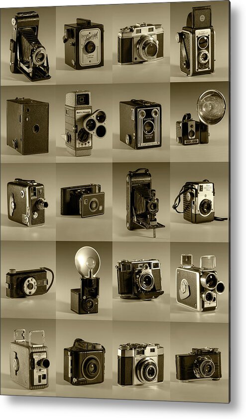 Old Camera Metal Print featuring the photograph Twenty Old Cameras - Sepia by Art Whitton