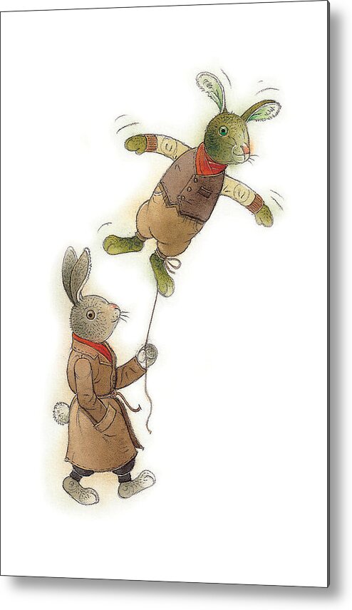 Rabbit Animals Flying Green Spring Metal Print featuring the painting Two Rabbits 02 by Kestutis Kasparavicius