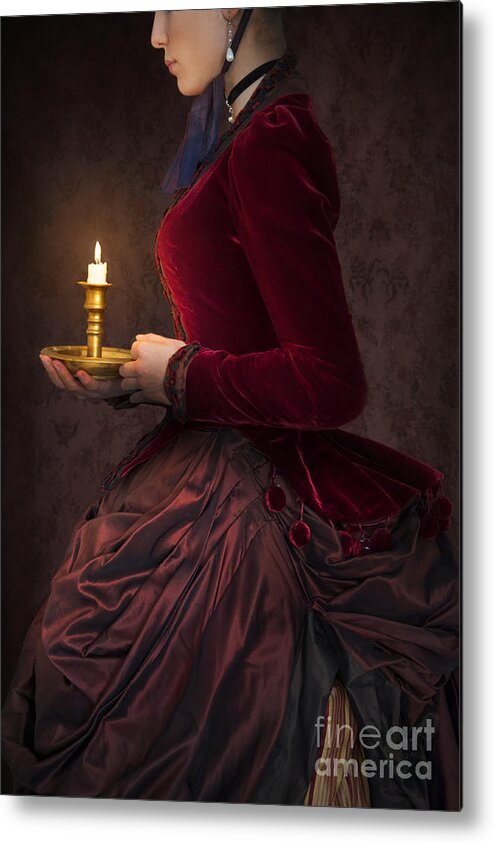 Victorian Woman In A Red Bussle Dress Holding A Candle At Night Metal Print  by Lee Avison - Pixels