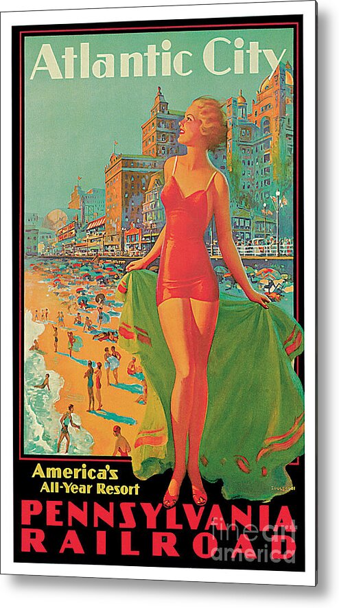 Vintage Metal Print featuring the digital art Vintage Atlantic City travel advertising by Heidi De Leeuw