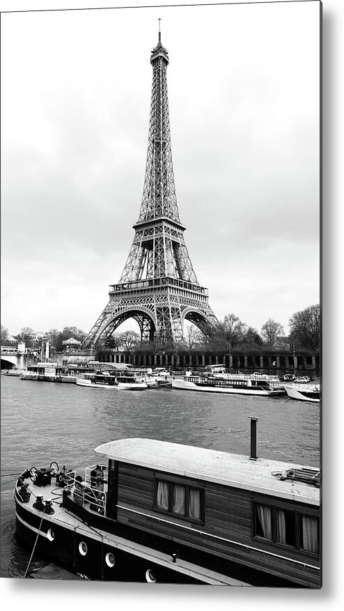 Travelpixpro Metal Print featuring the photograph Vintage Boat Moored on the Seine River beneath Eiffel Tower Paris France Black and White by Shawn O'Brien
