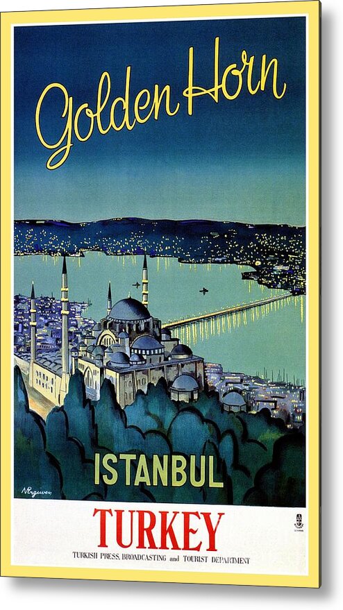 Vintage Metal Print featuring the digital art Vintage Golden Horn Istanbul Turkey travel by Heidi De Leeuw