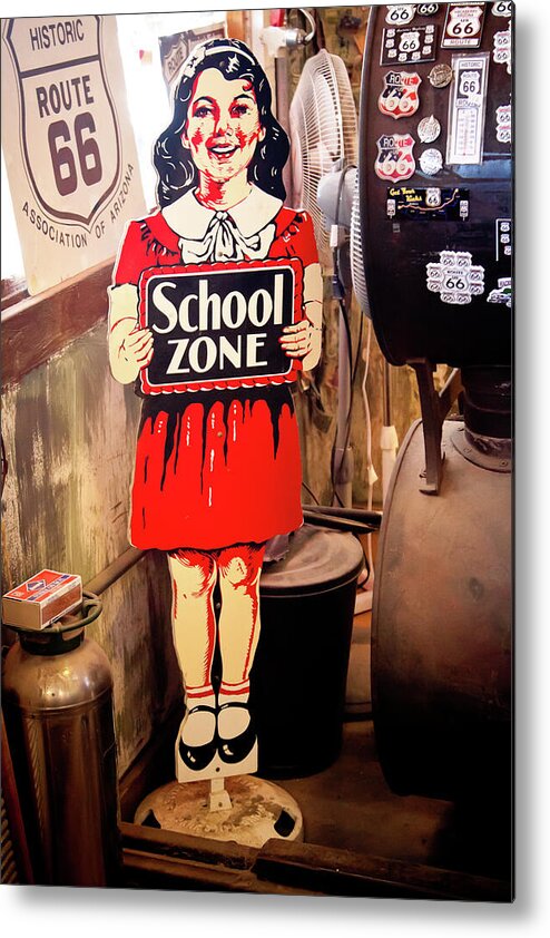 Route 66 Metal Print featuring the photograph Vintage school zone sign by Tatiana Travelways