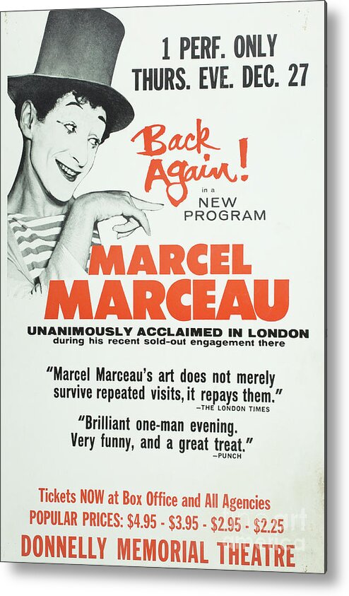 Vintage Posters Metal Print featuring the photograph Vintage Show Poster Marcel Marceau by Edward Fielding