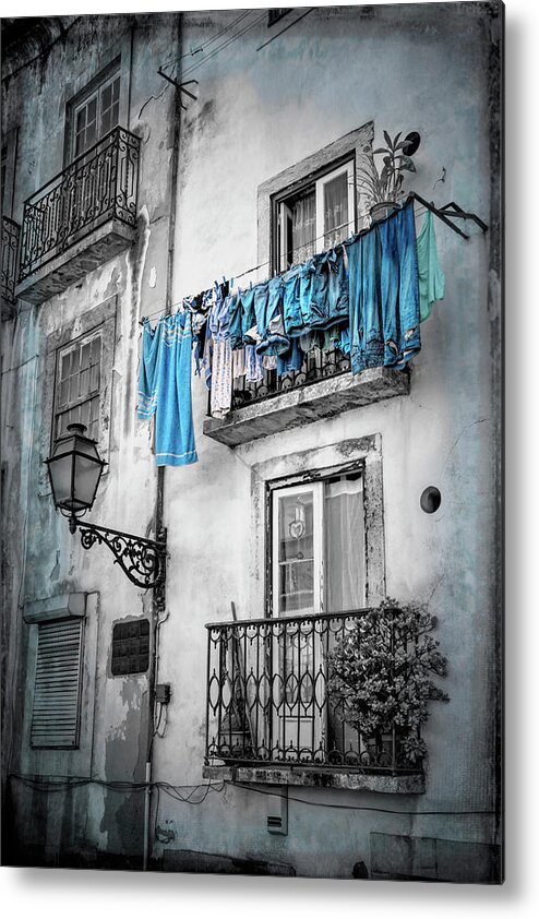 Lisbon Metal Print featuring the photograph Washday Blues in Lisbon Portugal Black and White by Carol Japp