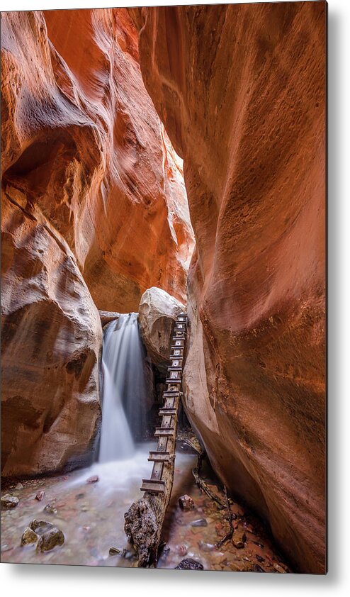 Landscape Metal Print featuring the photograph Waterfall at slot canyon by Philip Cho