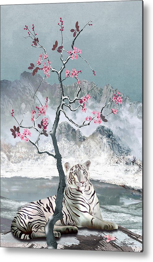 Tiger; Bengal; White Tiger; White; Winter; Snow; Mountains; Plum; Plum Tree; Blossoms; Plum Blossoms; Landscape; Asian; Chinese; China; Spadecaller; Digital; Digital Painting Metal Print featuring the digital art White Tiger And Plum Tree by M Spadecaller