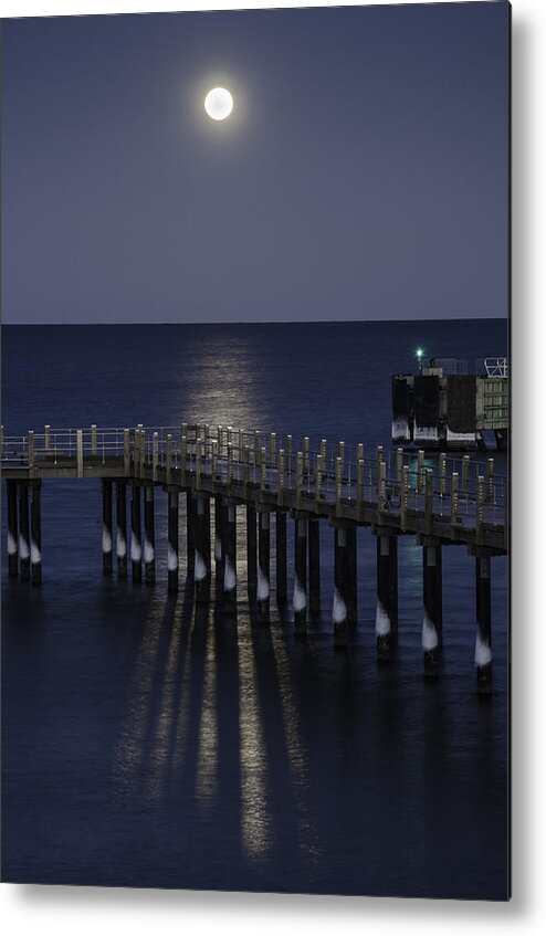 Marthas Vineyard Winter Moon Ocean Pier Metal Print featuring the photograph Winter Moon by Steve Myrick