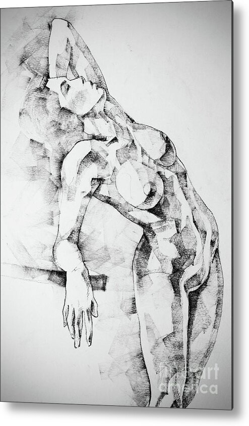 Drawing Metal Print featuring the drawing Woman Portrait With A Raised Hand Art Drawing by Dimitar Hristov
