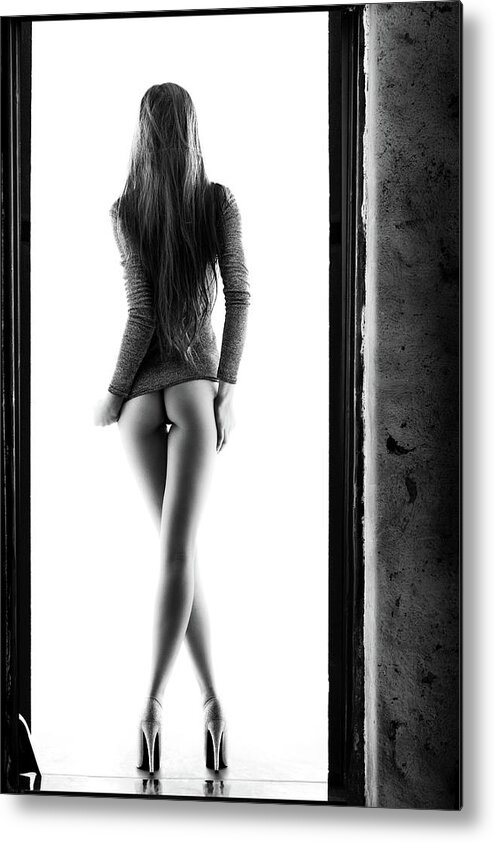 Woman Metal Print featuring the photograph Woman standing in doorway by Johan Swanepoel
