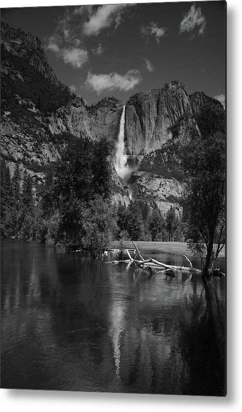Yosemite Falls From Swinging Bridge Metal Print featuring the photograph Yosemite Falls from Swinging Bridge in Black and White by Raymond Salani III