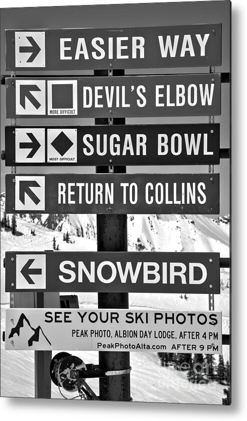 Alta Metal Print featuring the photograph Alta Snowbird Connection Directions Black And White by Adam Jewell