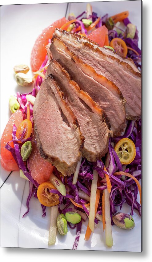 Close-up Metal Print featuring the photograph Duck Breast With Red Cabbage Salad #1 by Katya Lyukum