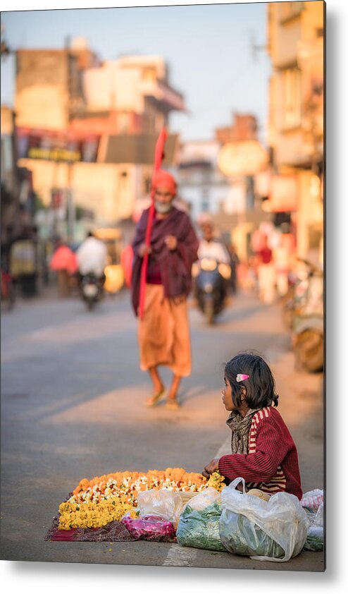 Assi Ghat Metal Print featuring the photograph Flower Girl #1 by Ludwig Riml