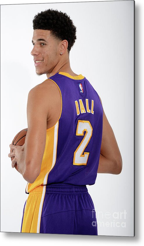 Lonzo Ball Metal Print featuring the photograph Los Angeles Lakers Introduce Lonzo Ball #2 by Andrew D. Bernstein
