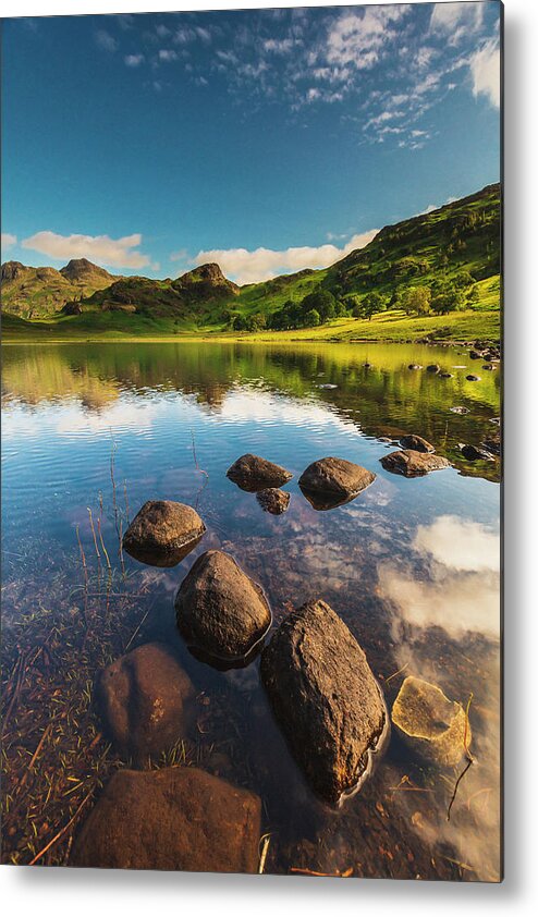 Estock Metal Print featuring the digital art United Kingdom, England, Cumbria, Great Britain, Lake District, British Isles, Blea Tarn, Blea Tarn With The Lake District Peaks In The Background On A Sunny Summer Afternoon #8 by Maurizio Rellini