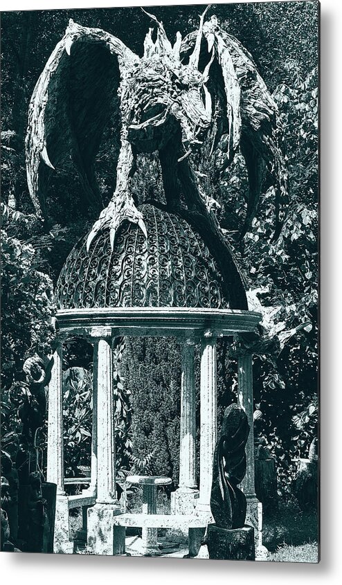 Sculpture Metal Print featuring the photograph A dragon on the roof of a Pergola by Graham Cornall