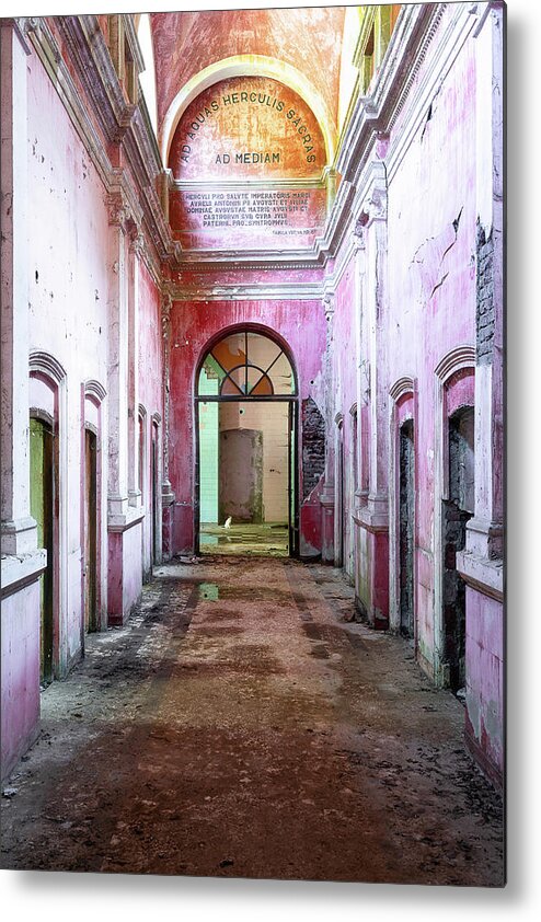 Urban Metal Print featuring the photograph Abandoned Hallway in Decay with Cat by Roman Robroek