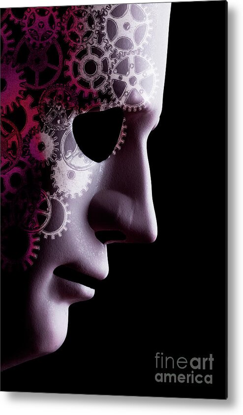 Mask Metal Print featuring the photograph A.I. robotic face close up with cogs by Simon Bratt