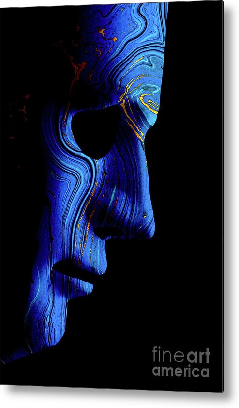 Mask Metal Print featuring the photograph AI robotic face profile close up blue contour by Simon Bratt