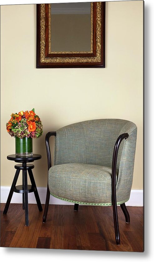 An Upholstered Armchair With A Mottled Grey Cover And A Black,  Height-adjustable Side Table In Front Of A Pastel-coloured Wall Metal Print  by Amy Kalyn Sims - Pixels