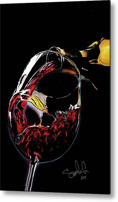 Wine Bottle Drink Relax Nighttime Night Red Wine Bar Bartender Drink Pour Colorful Colors Contrast Metal Print featuring the painting Another Pour by Sergio Gutierrez