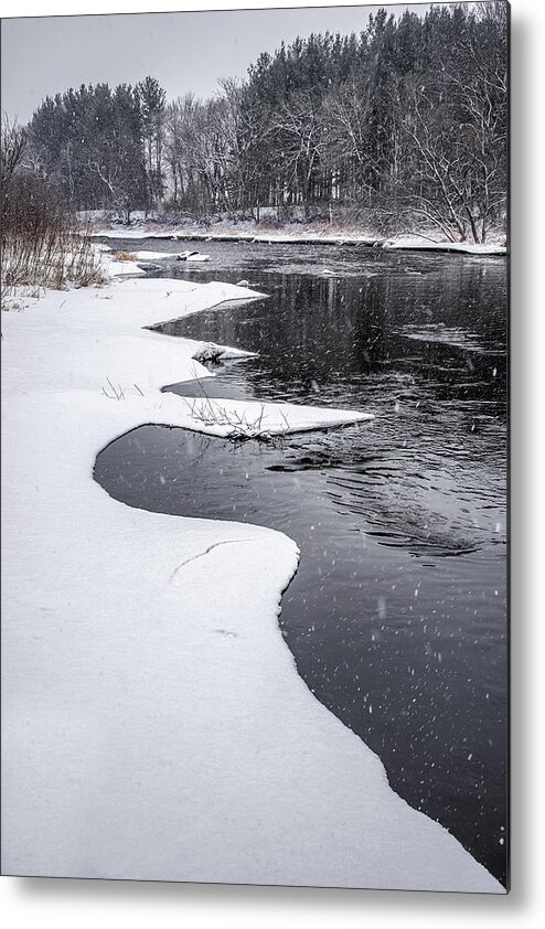 Snow Ice Yahara River Stoughton Wi Wisconsin Dane Vertical Scenic Landscape Cold Snowfall Winter Blizzard B&w Black And White Curvy Metal Print featuring the photograph At the Yahara River Bend - snowy scene south of Stoughton WI by Peter Herman
