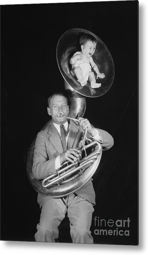People Metal Print featuring the photograph Baby Sitting In Tuba Horn by Bettmann